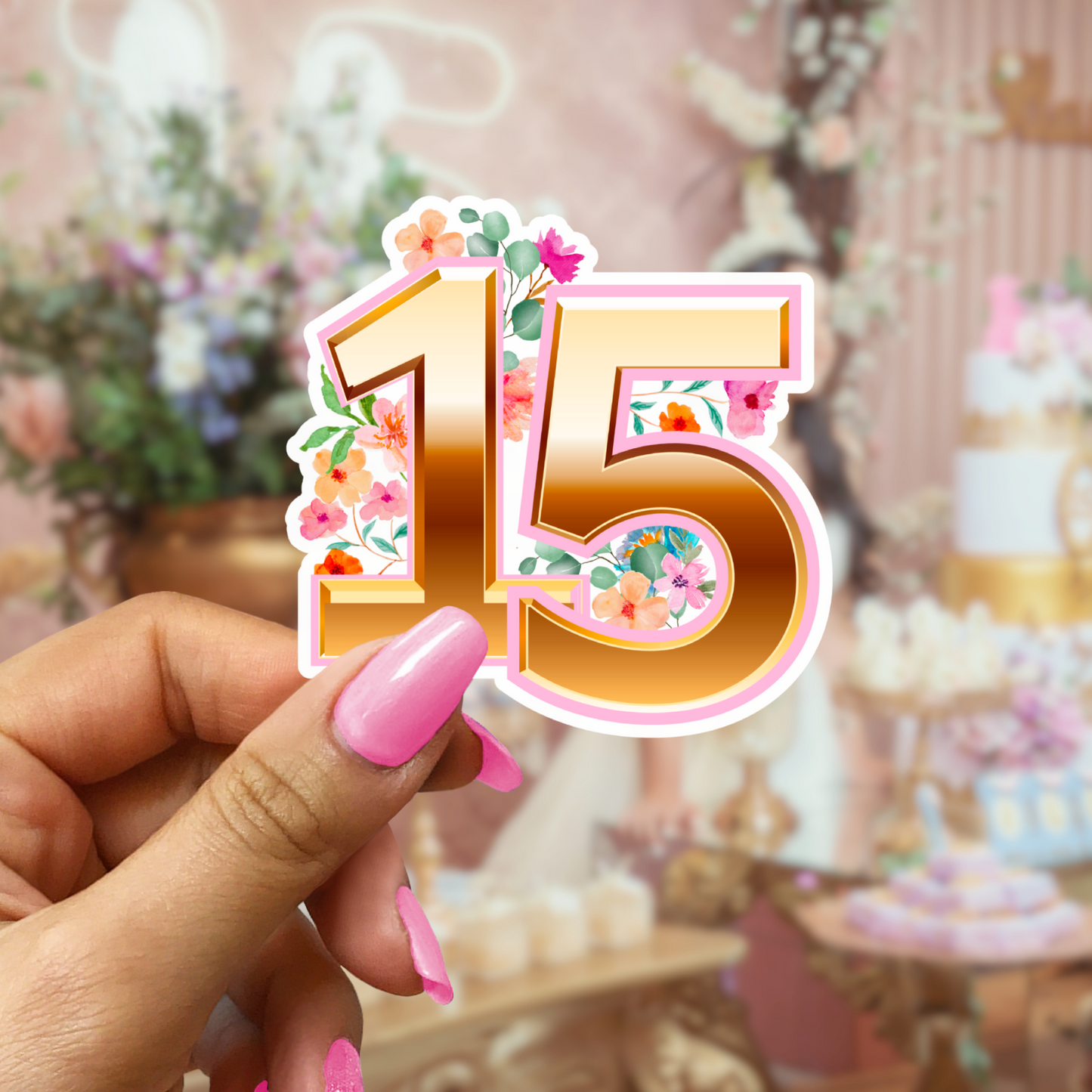 15 Birthday Floral Gold Sticker