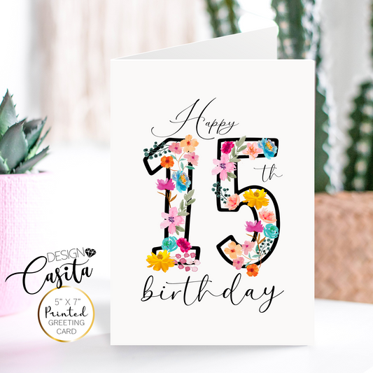 Happy 15th Birthday Floral Colorful Spanish Greeting Card