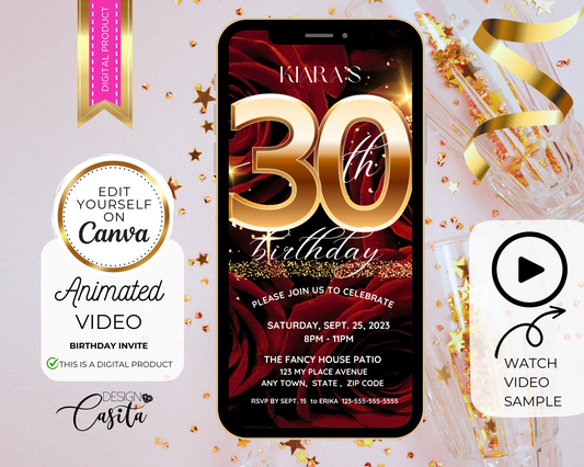 30th Birthday Party Red Roses Editable template Animated Video Invitation