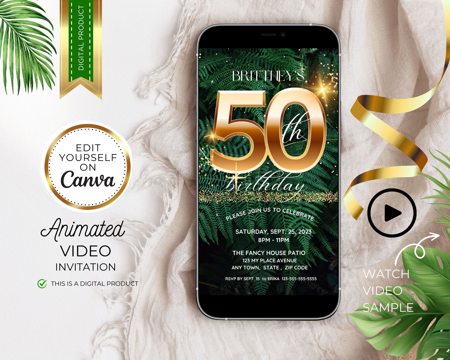 Tropical 50th Birthday Gold Green Editable Template Animated Video Invitation