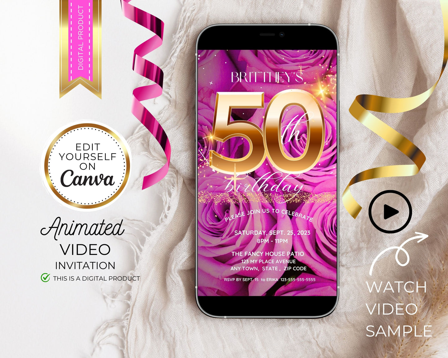 50th Birthday Party Pink Roses Editable template Animated Video Invitation