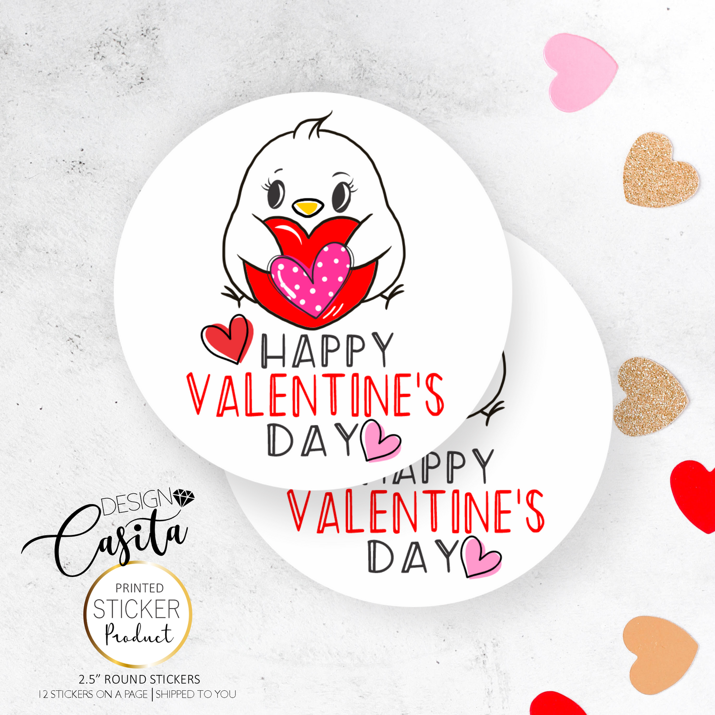 Cute Bird Valentine's Day Hearts Sticker Label