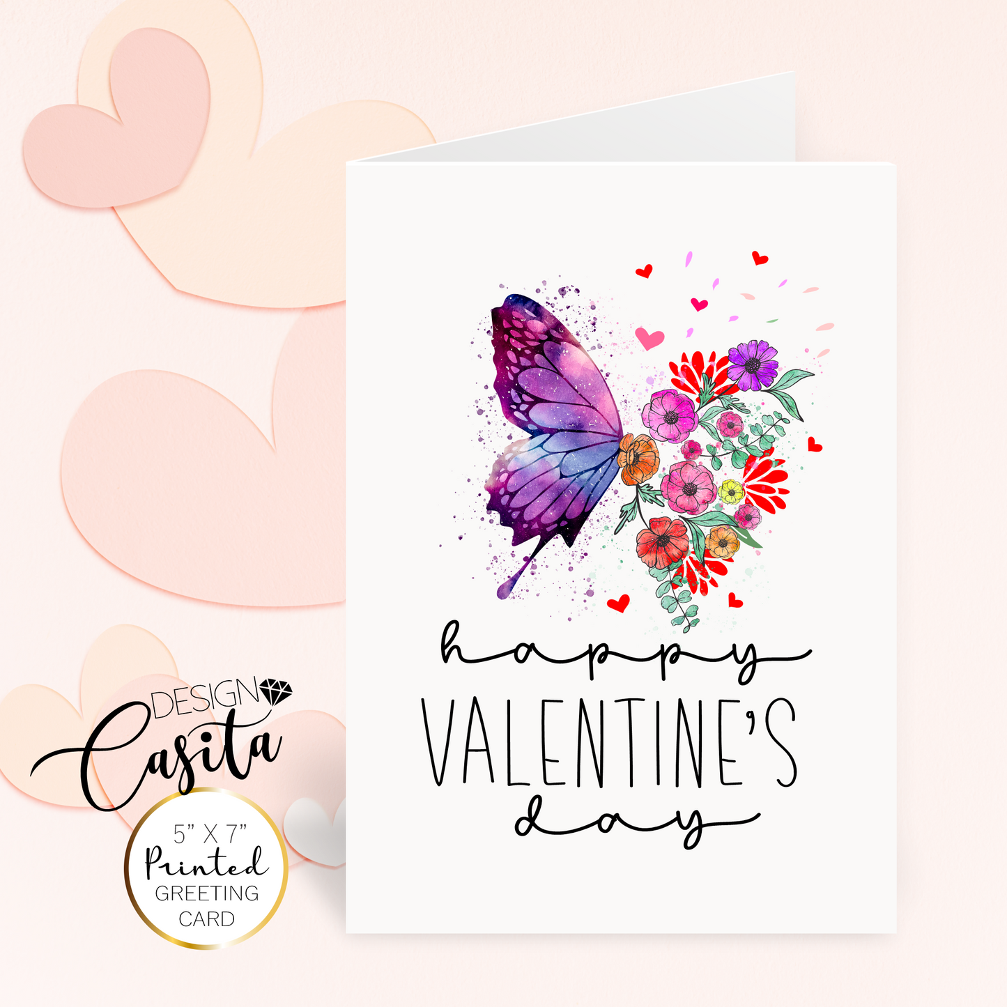 Happy Valentine's Day Butterfly Hearts Floral Greeting Card