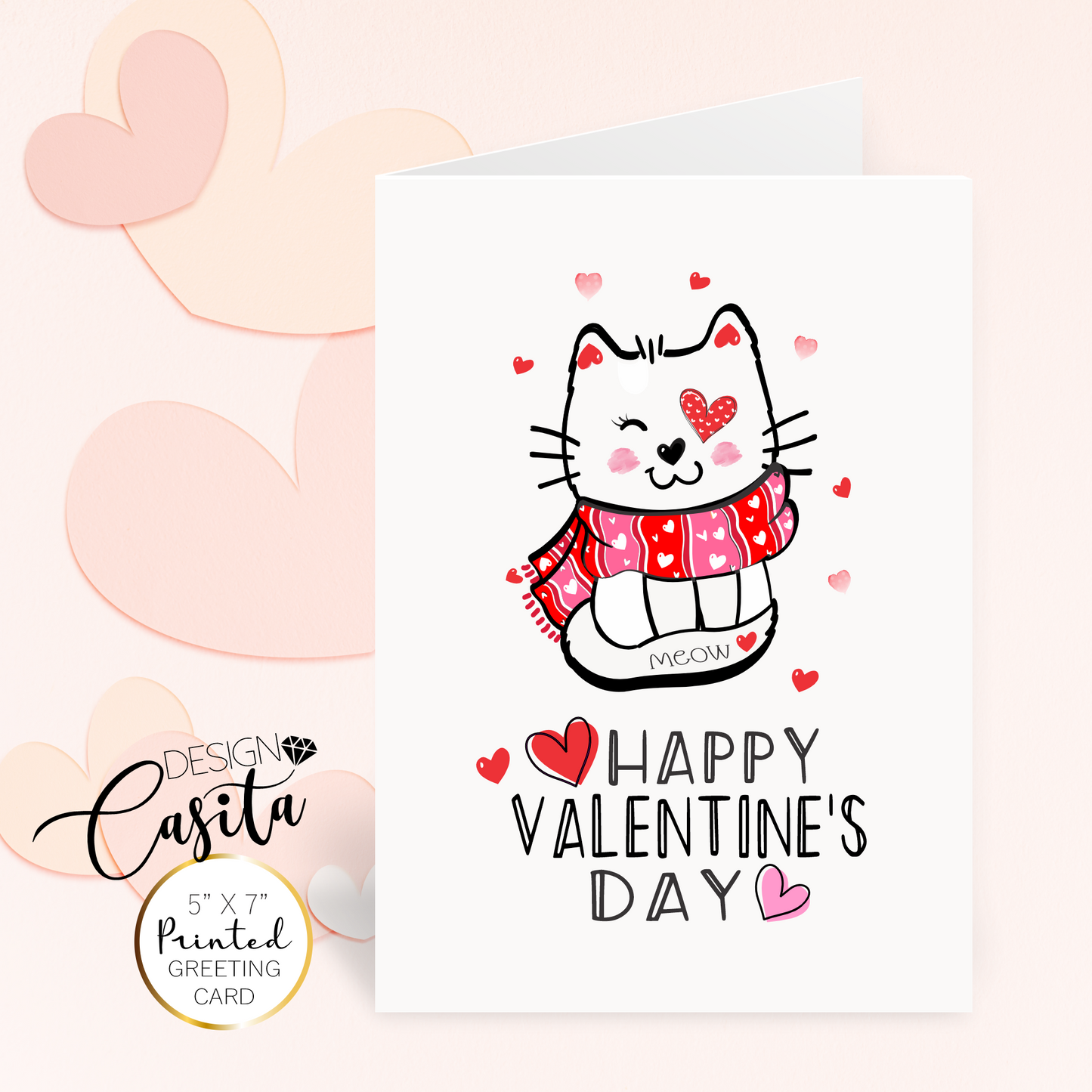 Cat Meow Hearts Happy Valentine's Day Greeting Card