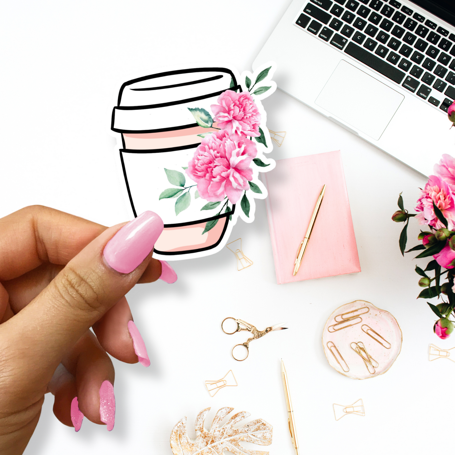 Coffee Cup Floral Pink Peony Sticker