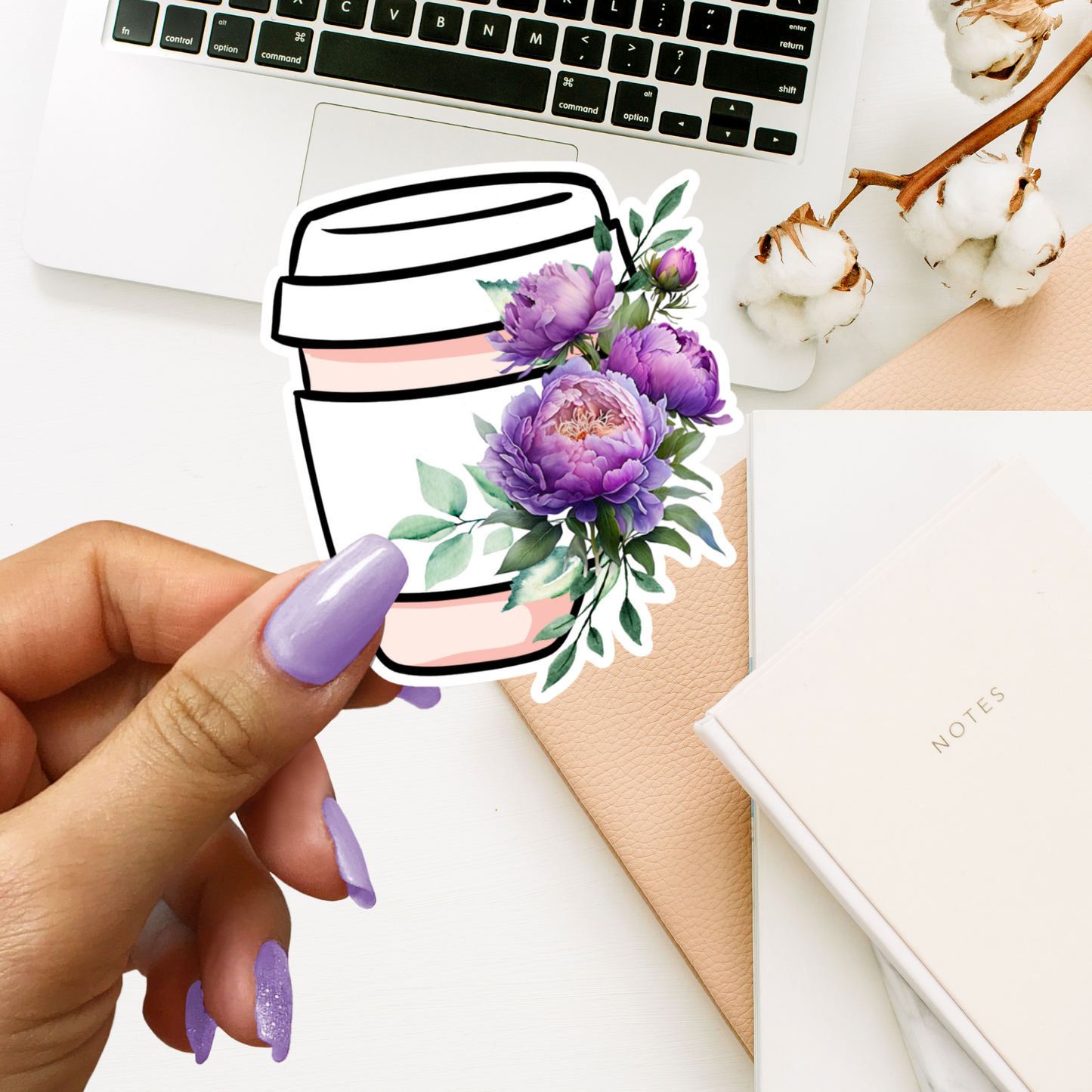 Coffee Cup Floral Purple Sticker