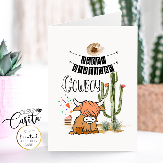 Happy Birthday Cowboy Western Cow Cactus Greeting Card