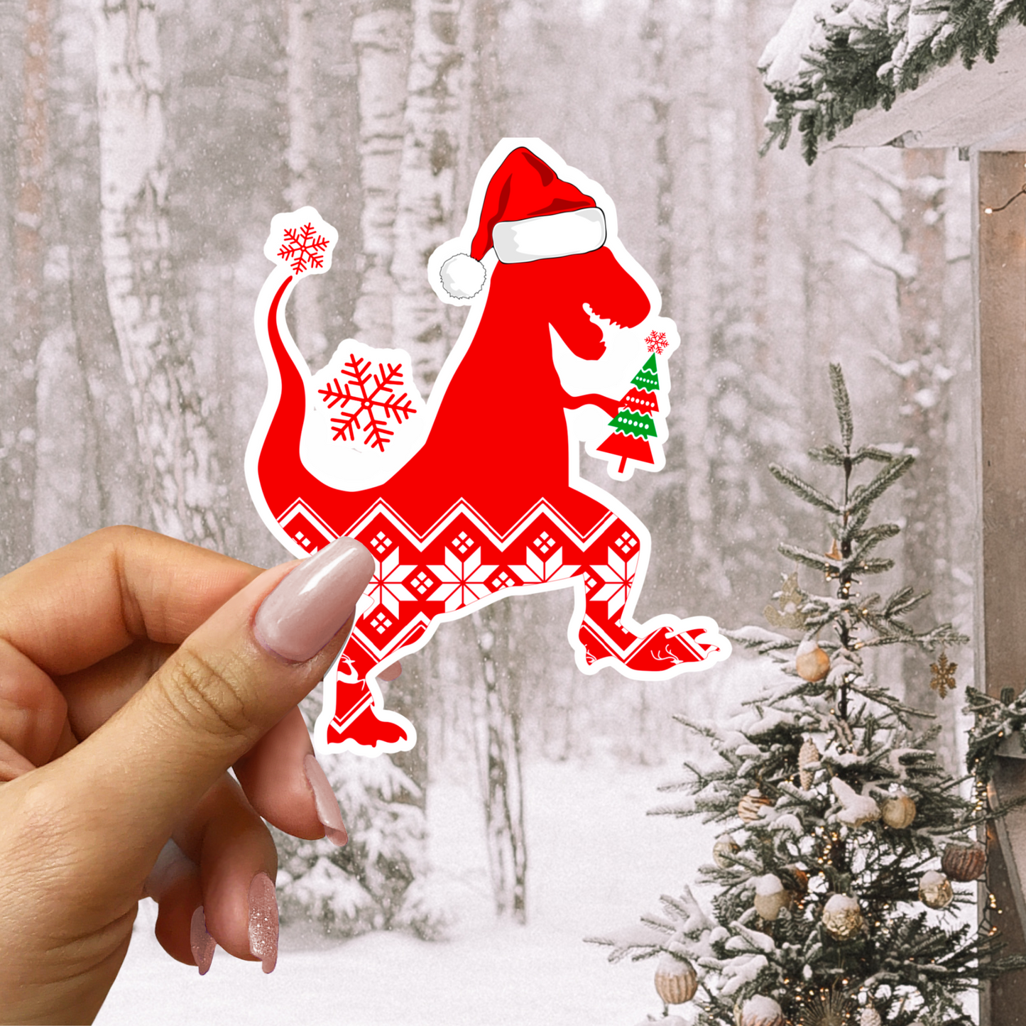 Dinosaur Funny Red Christmas tree Sticker