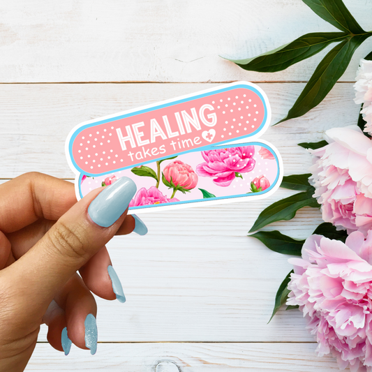 Healing takes Time Floral Pink Bandage Medical Sticker