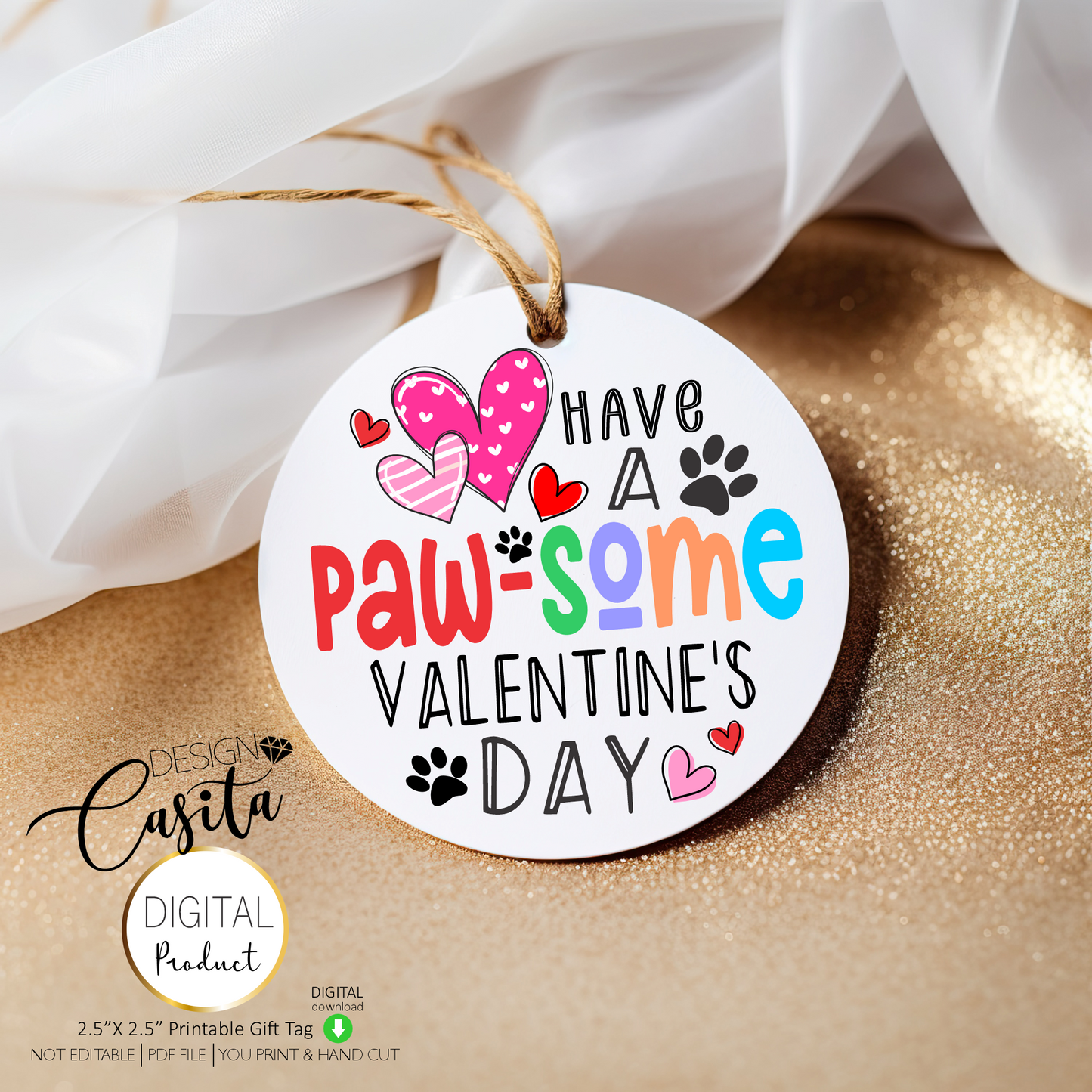 Paw-some Dog Cat Happy Valentine's Day Round 2.5 Printable Gift Tag