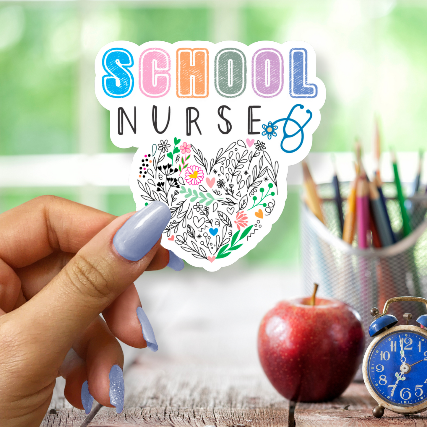 School Nurse Floral Colorful Heart Sticker