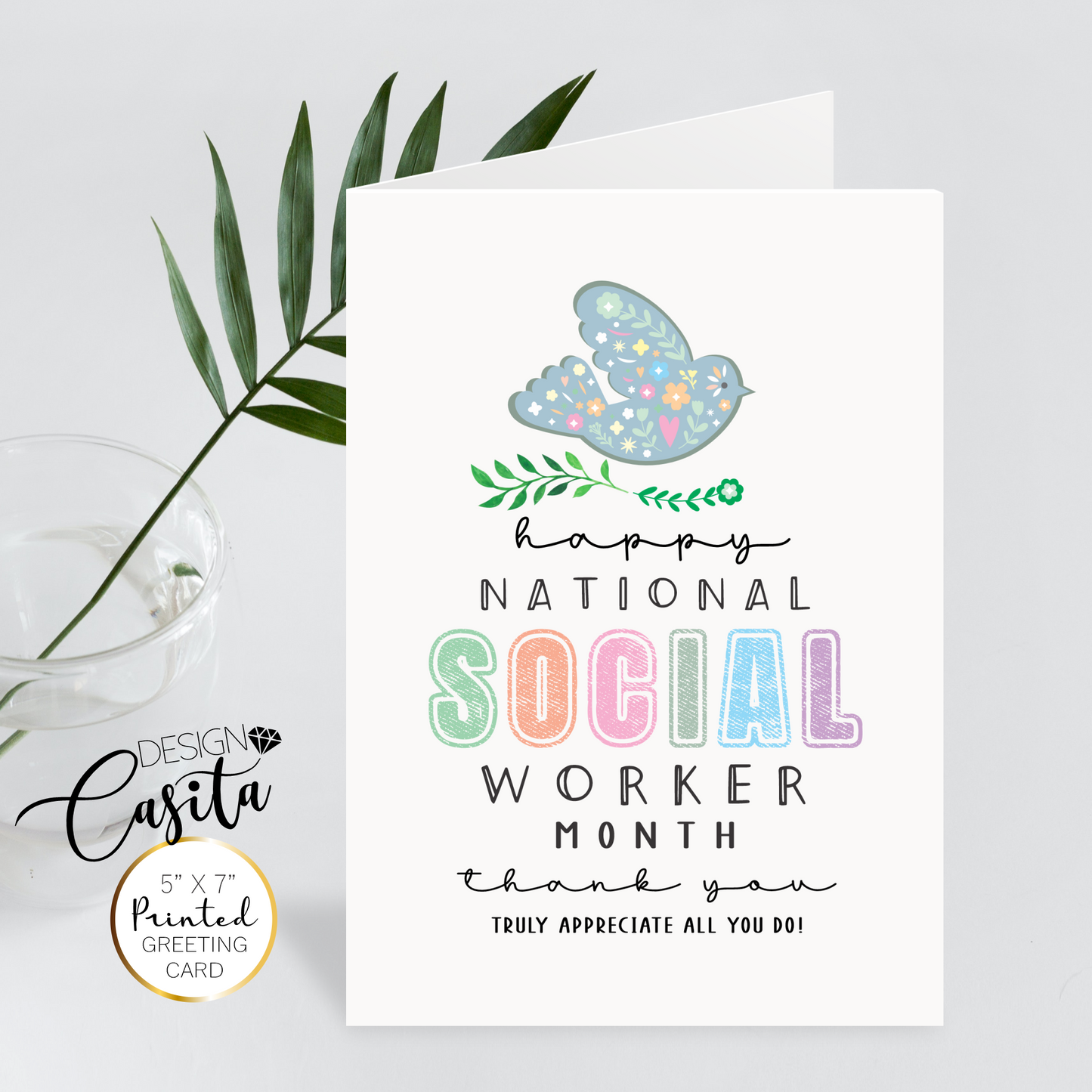 Happy National Social Worker Month Floral Bird Appreciation Greeting Card